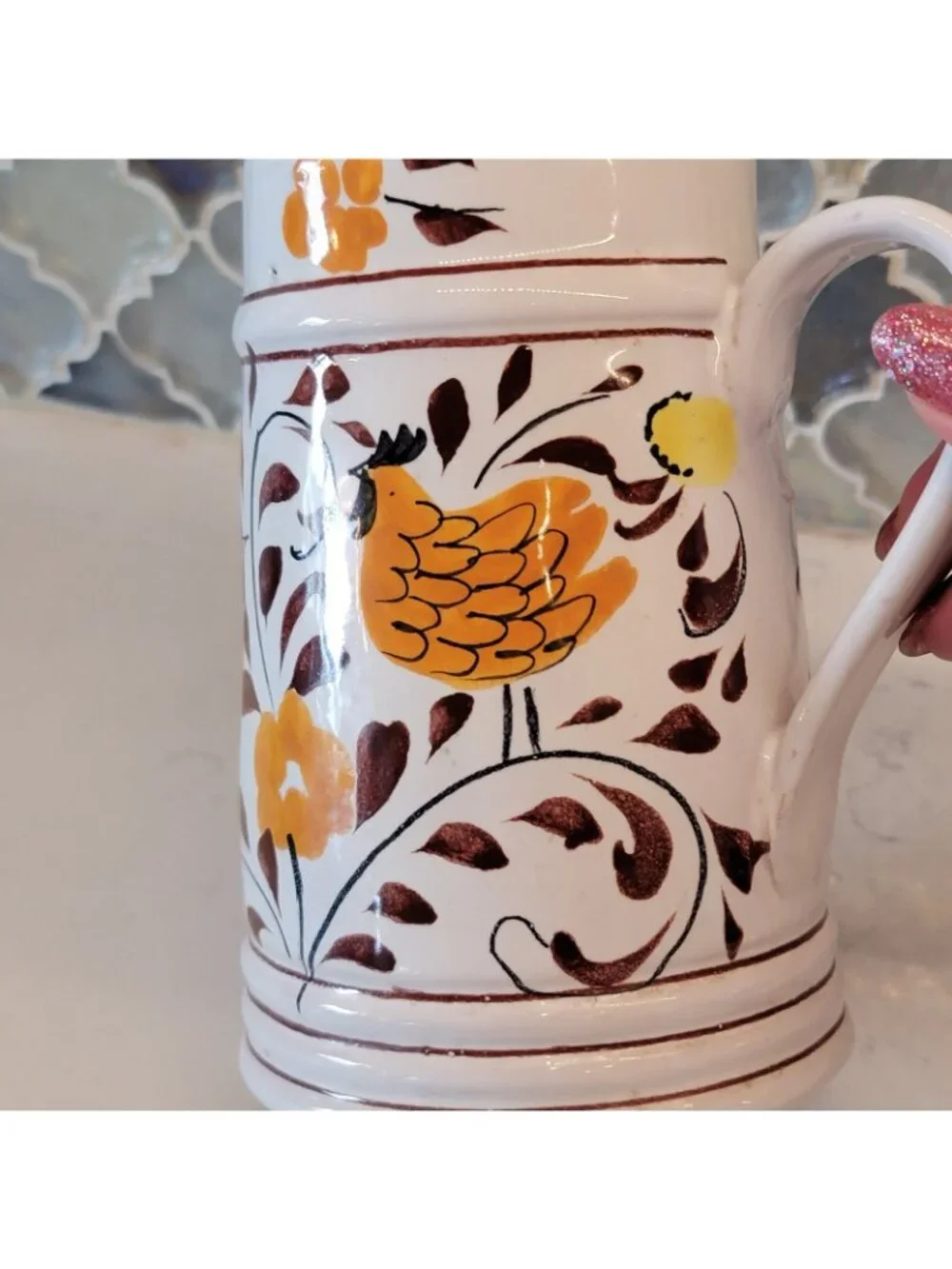 Vintage Chicken Creamer Farmhouse Cottage Core Orange Yellow Portugal Signed